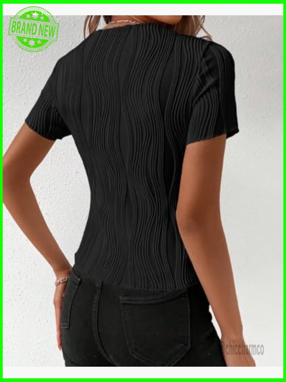 Casual Short Sleeve Crewneck Slim Fit T Shirt Y2K Knit Textured Blouse - Picture 5 of 7